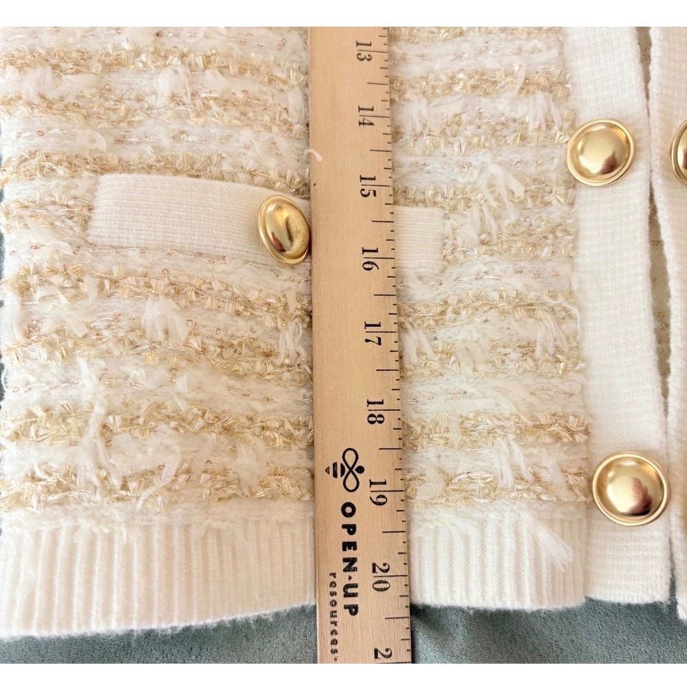 Express Womens M Lady Jacket Cream Gold Tweed Knit Cardigan Old Money Classic - Picture 11 of 12